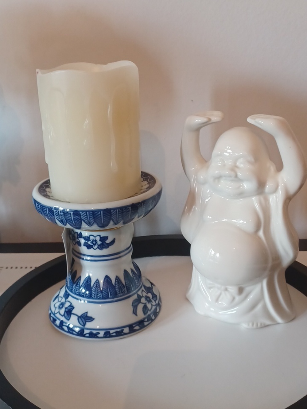 Lot Of (2)-Le Fleur Design Candle Holder & Ceramic Benihana  Buddha Figurine Cup